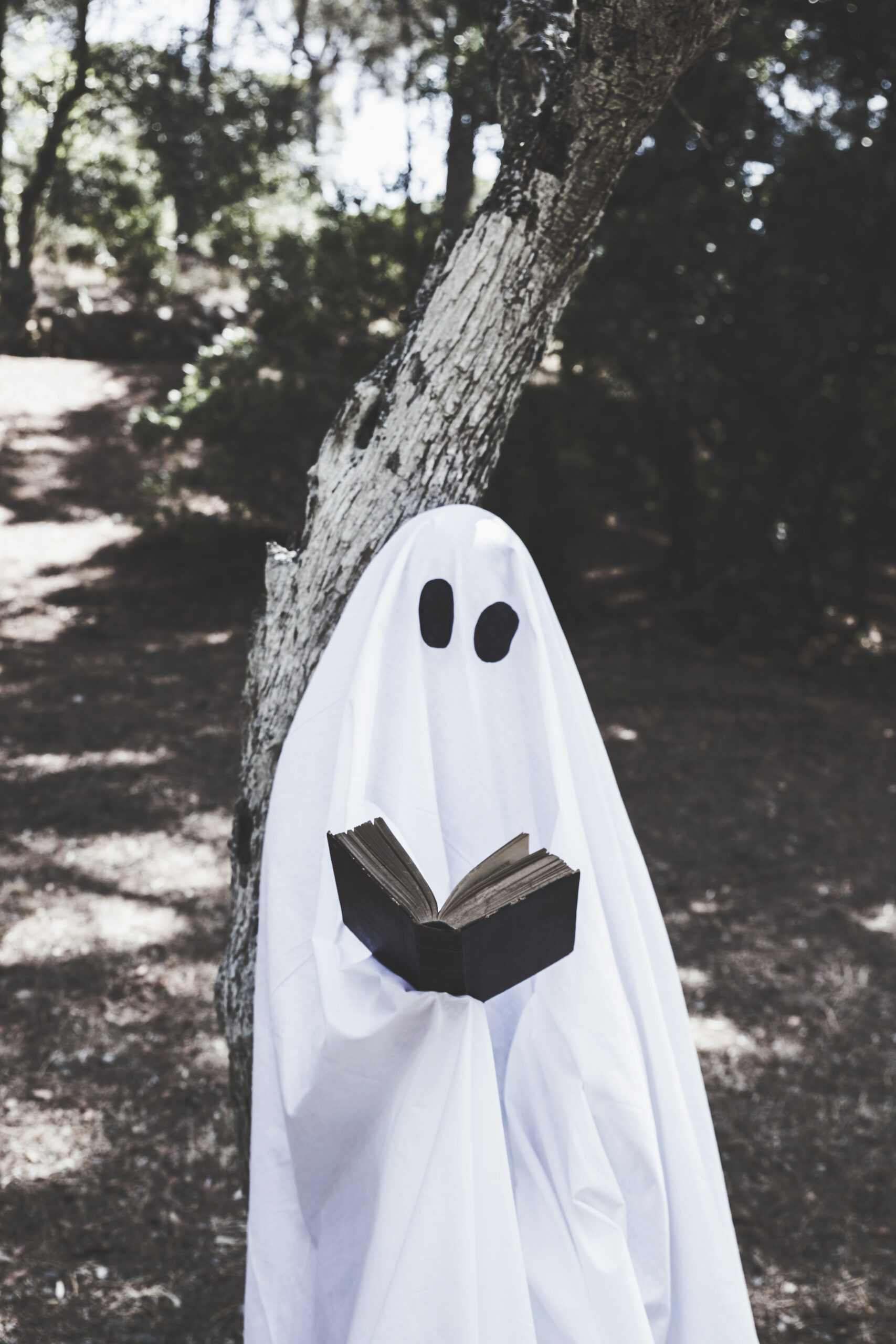 Fantasma leyendo un libro bajo un árbol, representando el concepto de ghostwriting o escritura anónima para terceros.