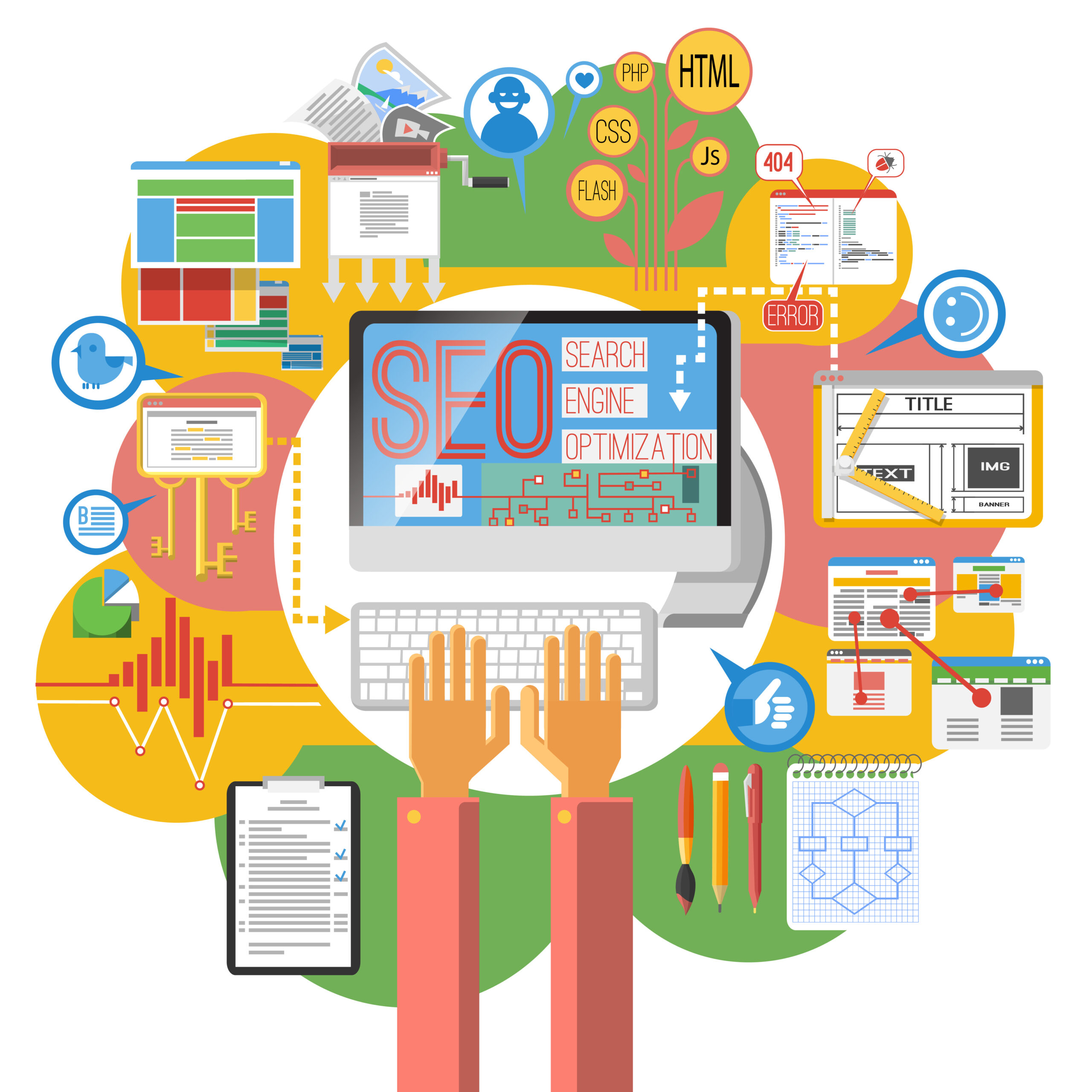 Ilustración de concepto SEO con ordenador, código y elementos de análisis de buscadores