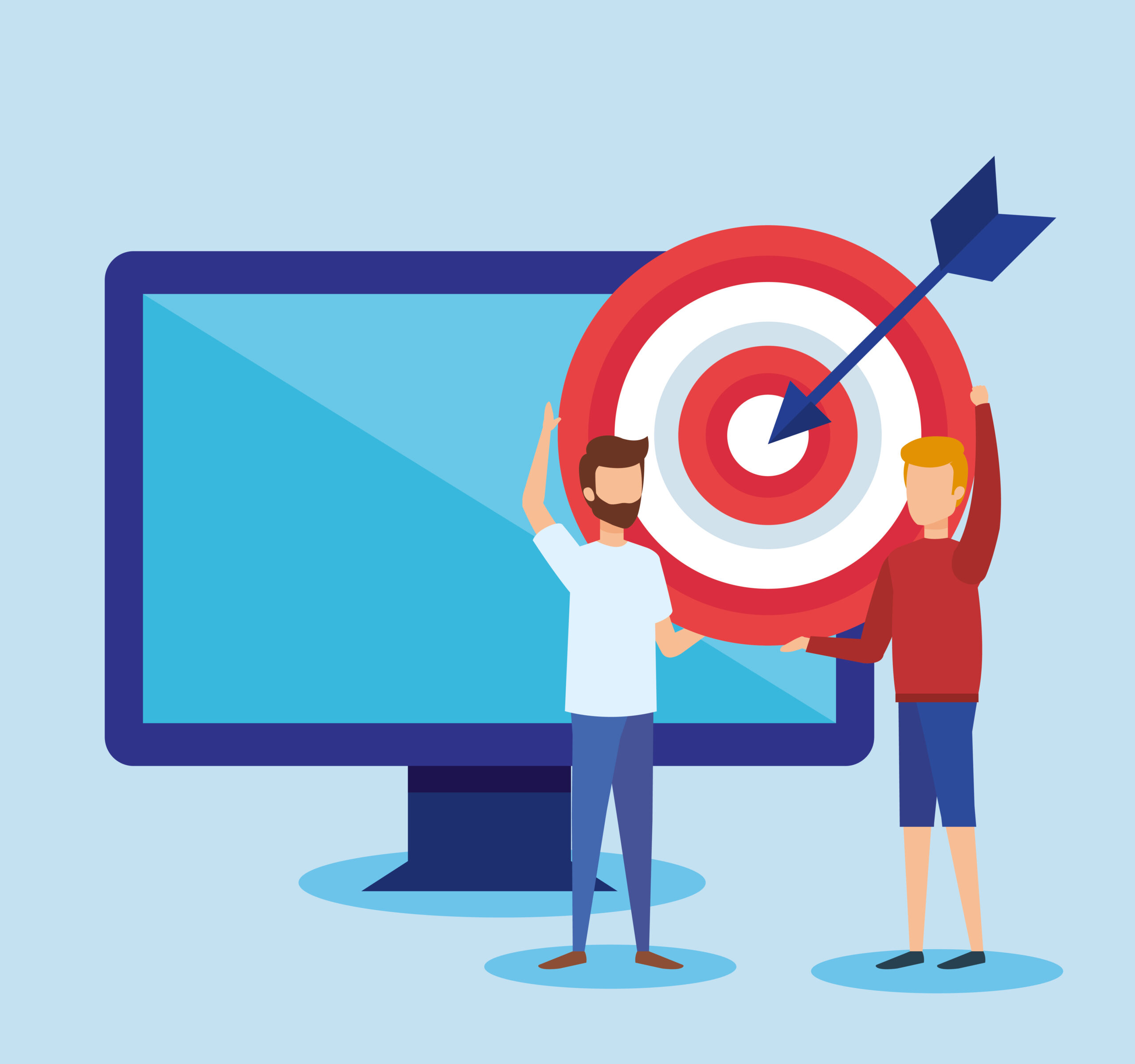 Ilustración vectorial de pequeñas personas trabajando con un ordenador y un objetivo de marketing digital