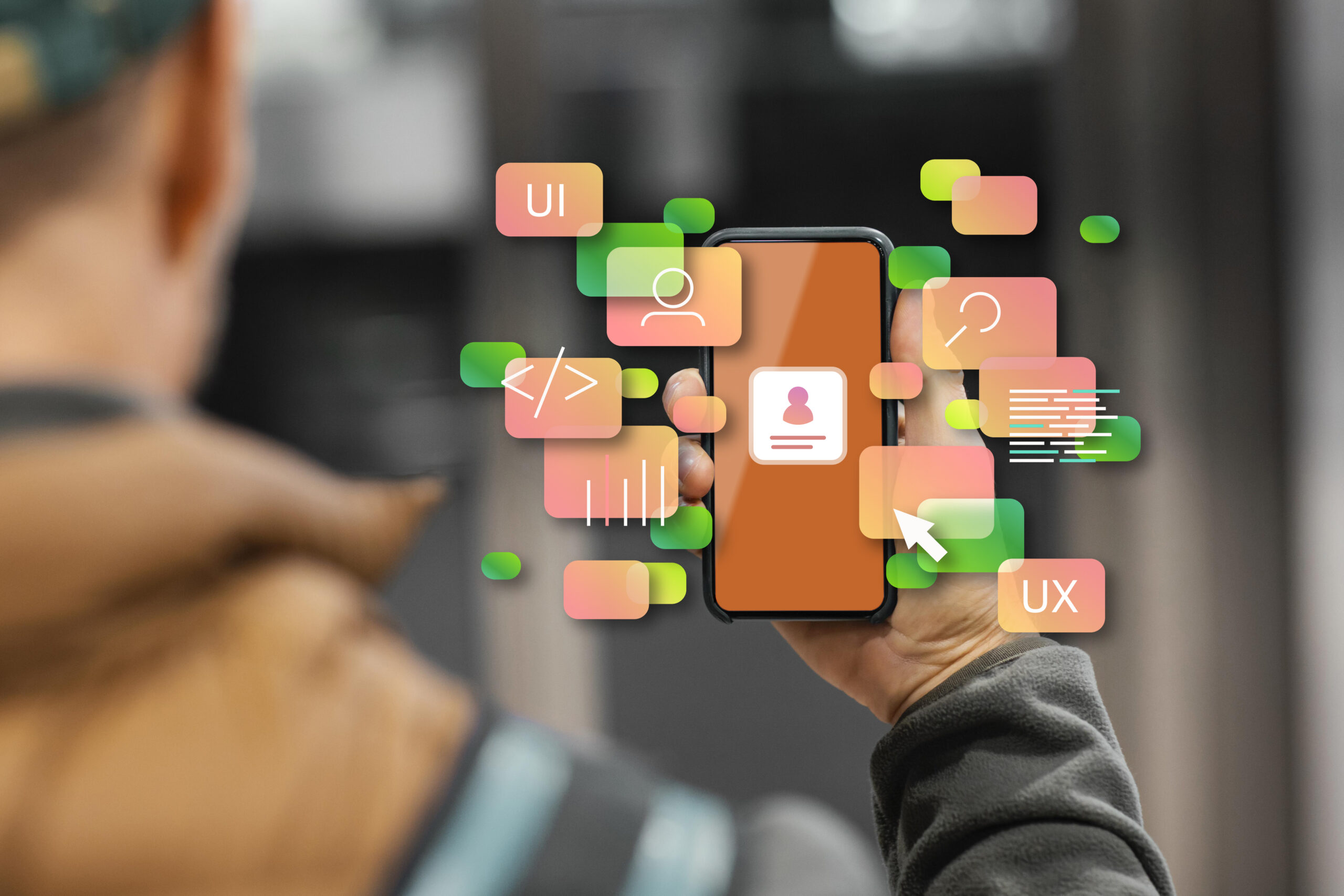Elementos de diseño de experiencia de usuario e interfaces digitales que representan la optimización de una web para dispositivos móviles.