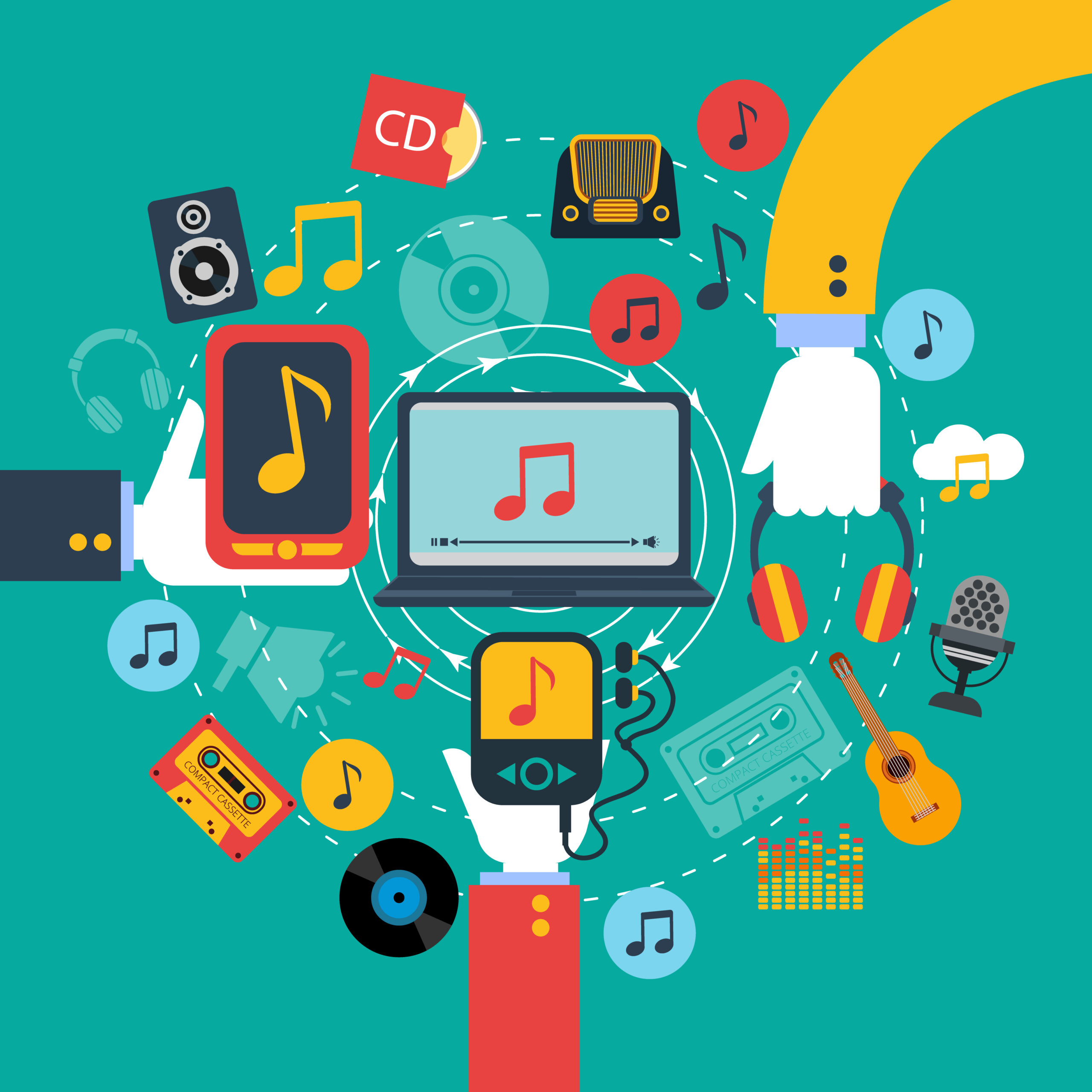 Ilustración de aplicaciones de música en dispositivos móviles y tabletas para escuchar contenido digital.