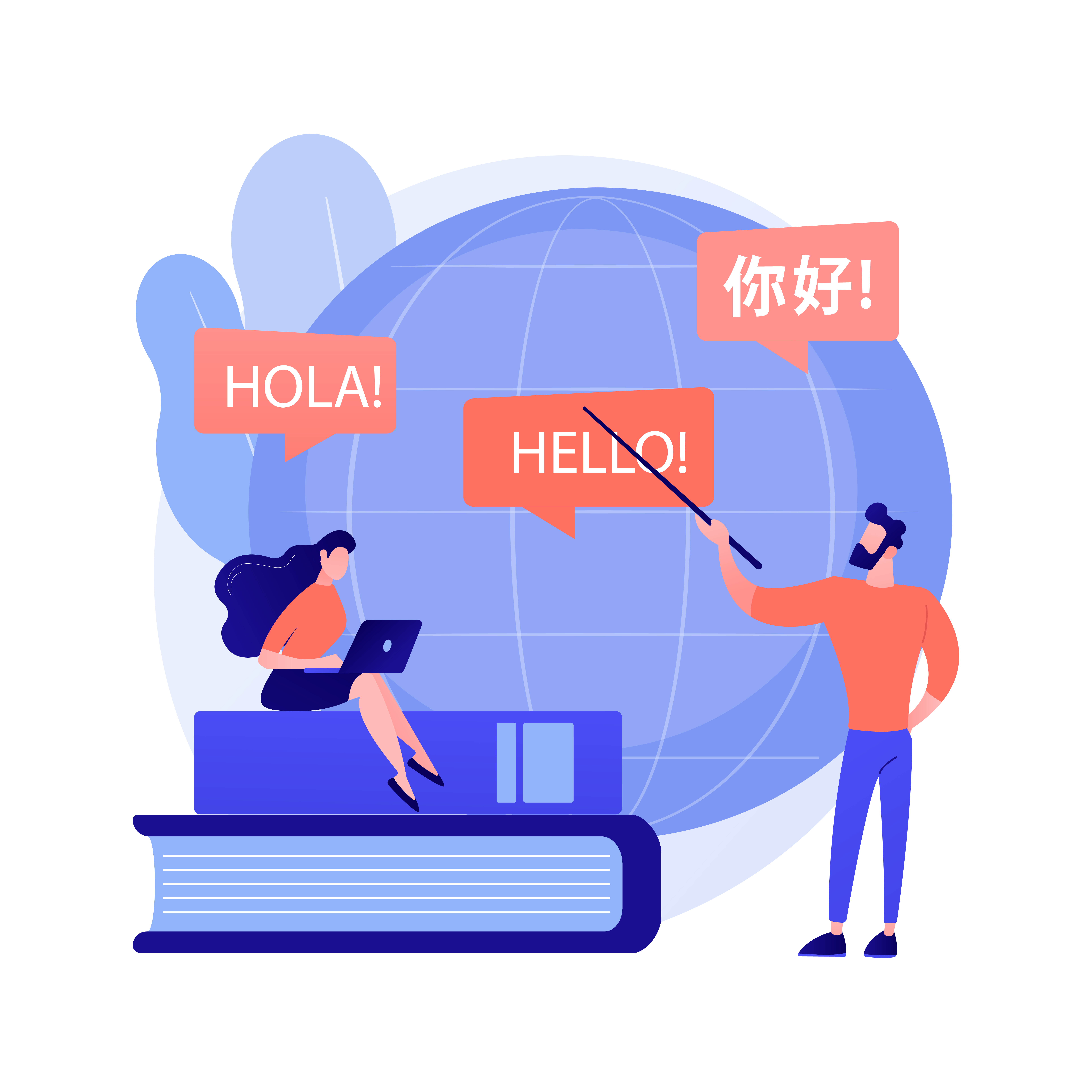 Ilustración de traducción de idiomas y libros que representa el aprendizaje y la comunicación entre lenguas.