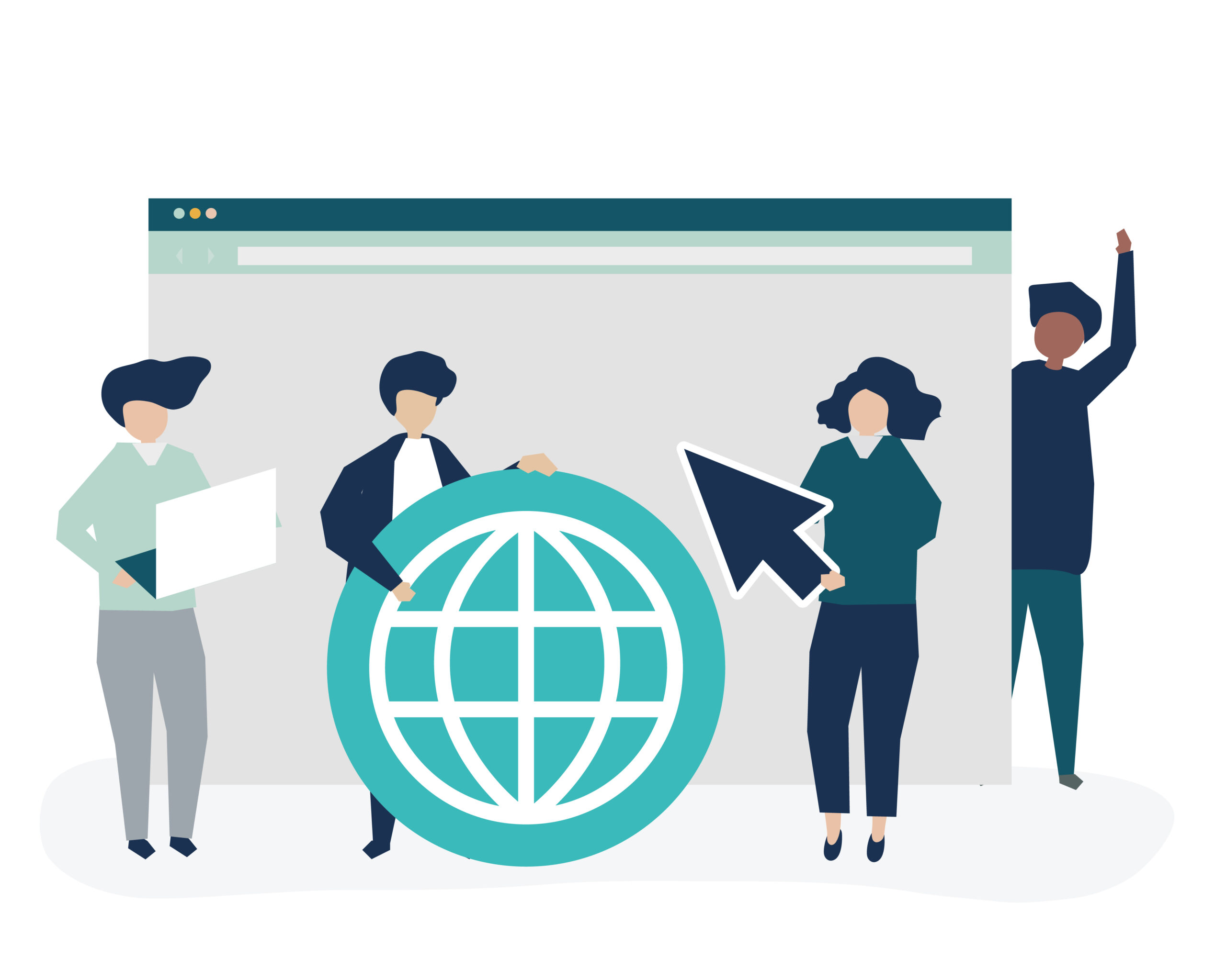 Ilustración de personas sosteniendo iconos de búsqueda en internet, relacionada con la internacionalización de sitios web y SEO global.