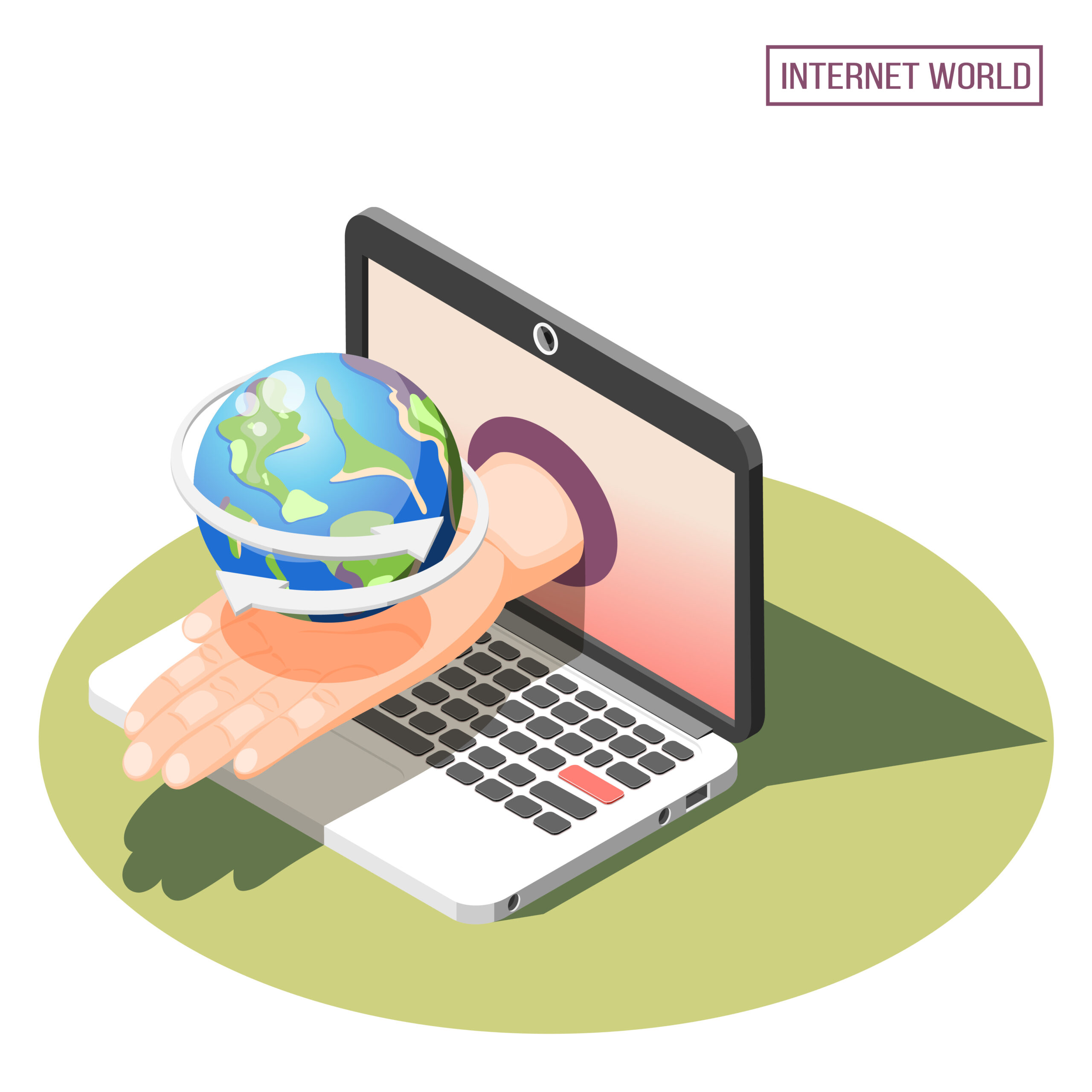 Ilustración isométrica de una mano interactuando con un portátil y el globo terráqueo, representando la conclusión de la internacionalización web.