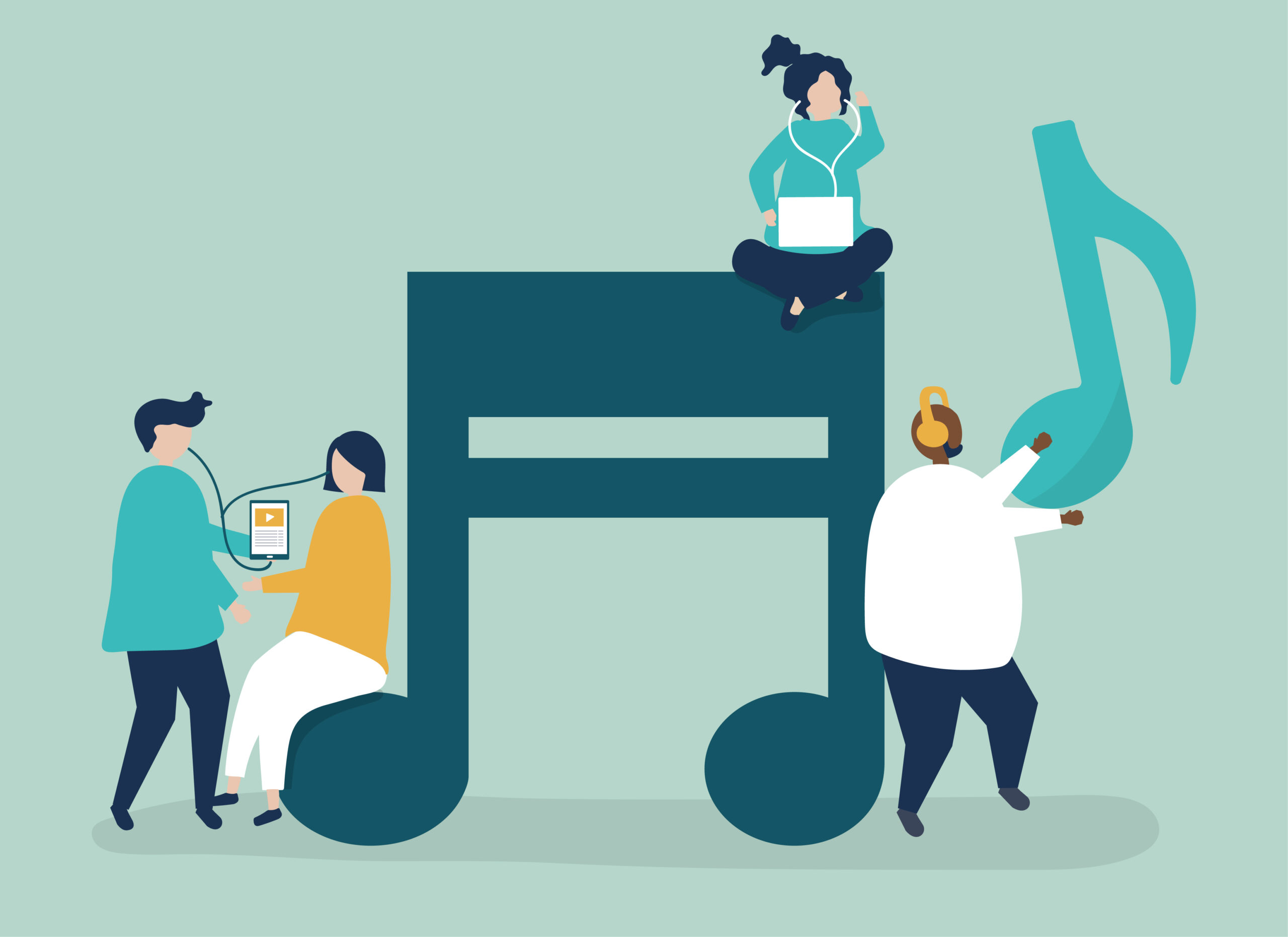 Personas escuchando música con iconos musicales que representan la conexión y la experiencia de audio digital.