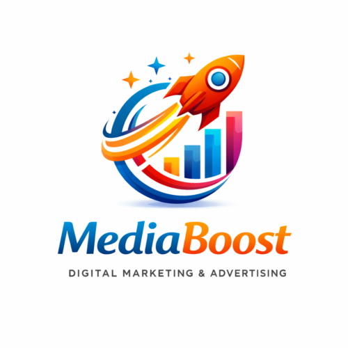 Logo Media Boost con diseño profesional de identidad visual para agencia de marketing digital, publicidad y crecimiento empresarial.