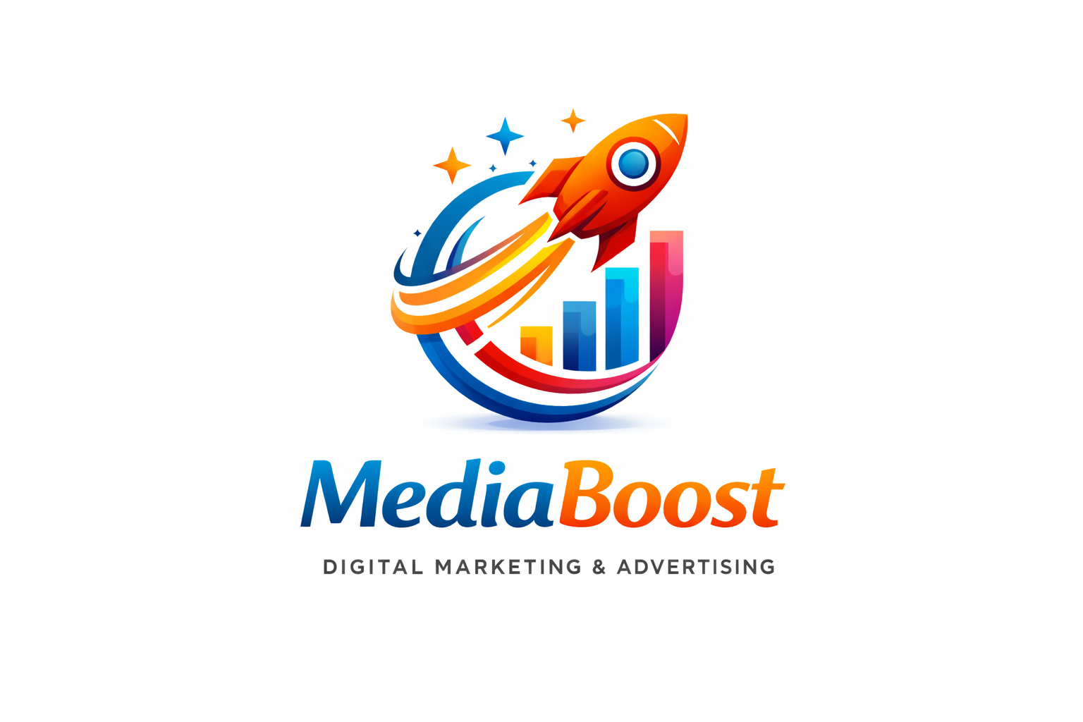 Logo Media Boost con diseño profesional de identidad visual para agencia de marketing digital, publicidad y crecimiento empresarial.