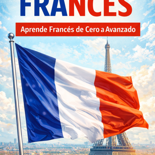 Portada de curso de francés “Aprende francés de cero a avanzado” con diseño educativo y profesional, orientado al aprendizaje progresivo desde nivel básico hasta avanzado en formato ebook o curso online.
