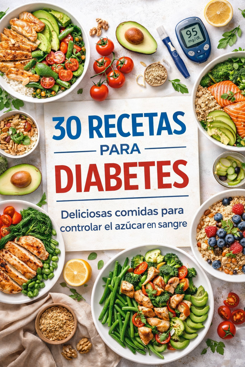 Portada de ebook sobre alimentación saludable para diabetes con diseño moderno enfocado en nutrición, salud y bienestar.