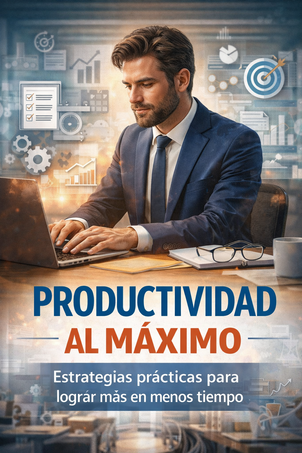 Portada de ebook “Productividad al máximo” con diseño moderno de productividad y desarrollo personal enfocado en eficiencia y organización.