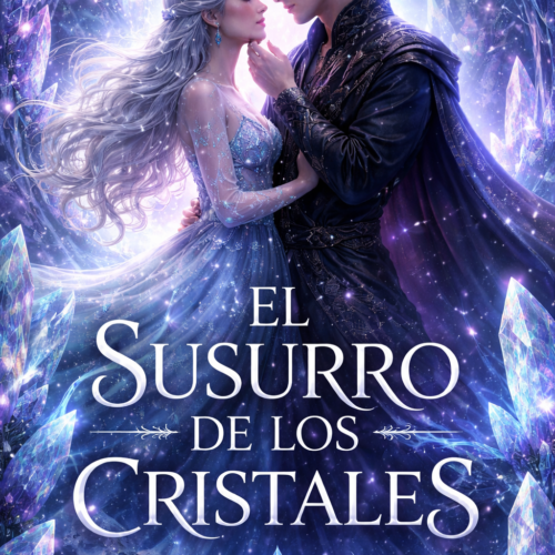 Portada de ebook El susurro de los cristales con diseño profesional de fantasía romántica, cristales mágicos, luces etéreas y ambiente encantado.