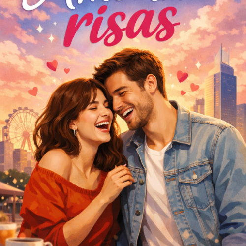 Portada de ebook Amor entre risas con diseño profesional de comedia romántica, colores cálidos y estilo alegre y divertido.