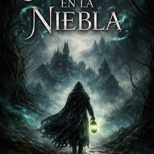 Portada de ebook Susurros en la niebla con diseño profesional de fantasía oscura, brumas, misterio y ambiente sombrío y mágico.