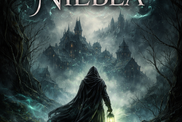 Portada de ebook Susurros en la niebla con diseño profesional de fantasía oscura, brumas, misterio y ambiente sombrío y mágico.