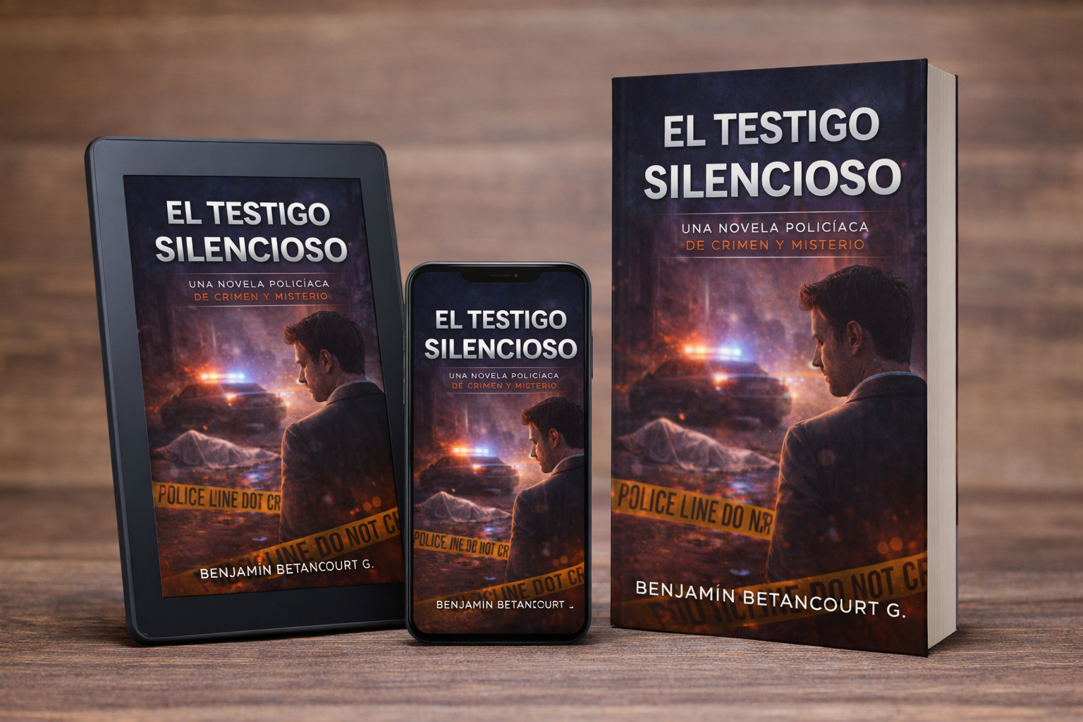 Mockup de portada de ebook El testigo silencioso con diseño profesional de crimen, misterio y suspense aplicado en formato digital.