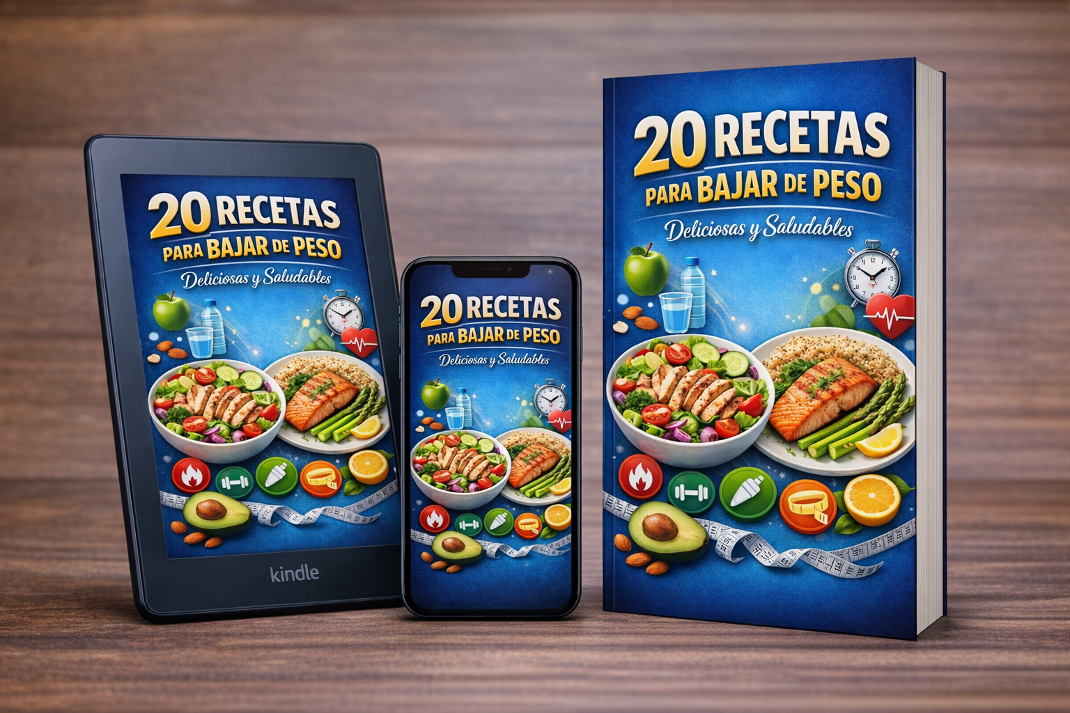 Mockup de portada de ebook 20 recetas para bajar de peso con diseño de nutrición saludable y estilo profesional aplicado en formato digital.