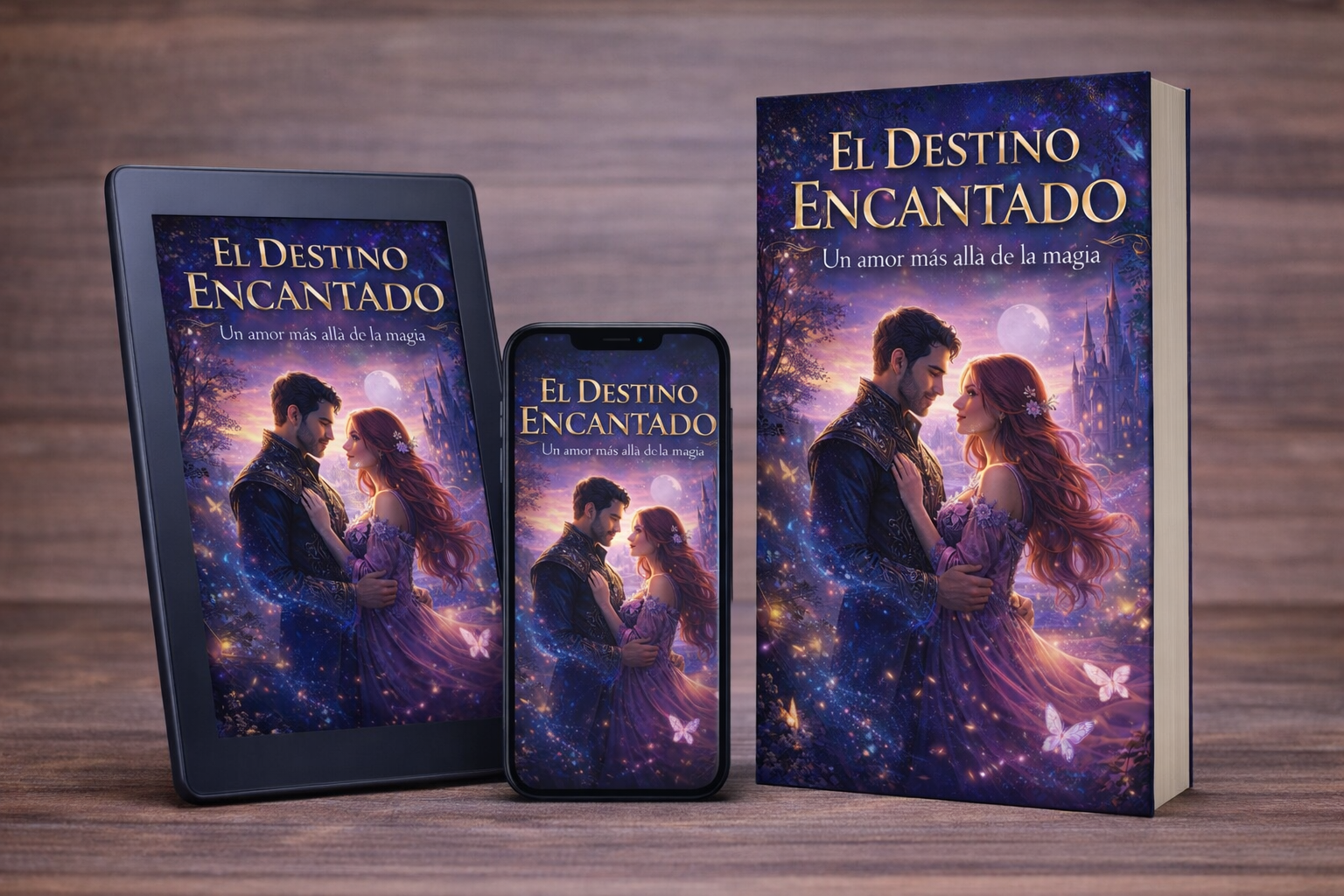 Mockup de portada de ebook de fantasía y romance con diseño mágico, pareja y entorno encantado en formato digital.