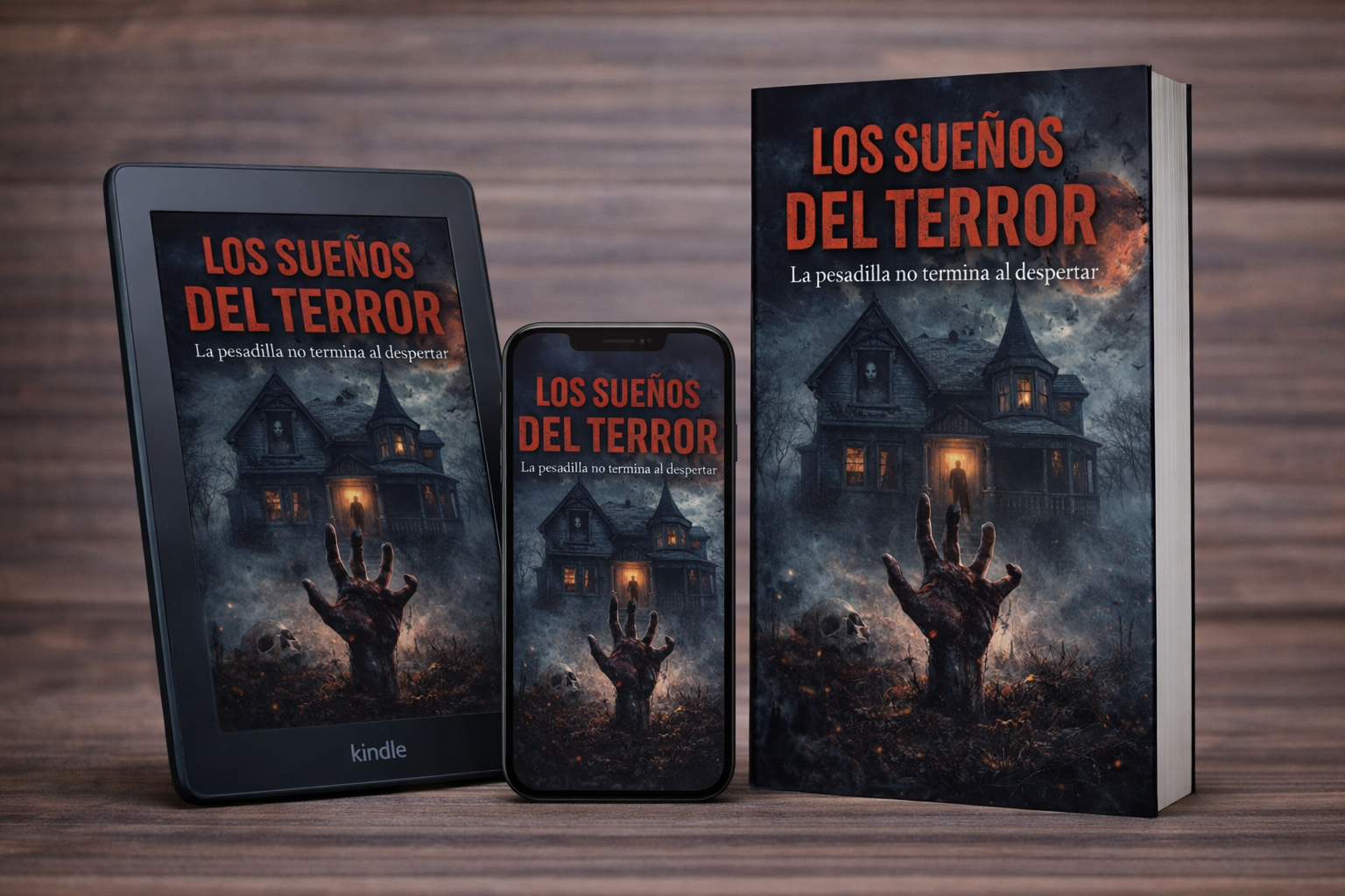 Mockup de portada de ebook de terror psicológico con diseño oscuro, atmósfera de suspense y estilo profesional.