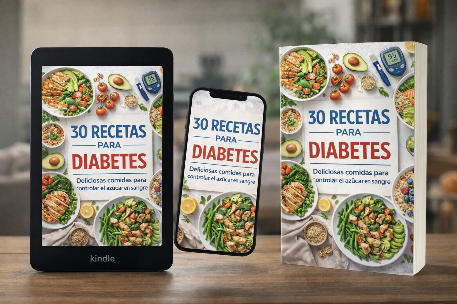 Mockup de portada de ebook sobre alimentación saludable para diabetes con diseño moderno aplicado en formato digital.