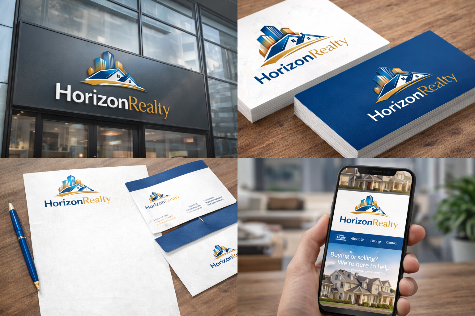 Mockup del logo Horizon Realty aplicado en papelería corporativa y entorno inmobiliario con diseño moderno y elegante.