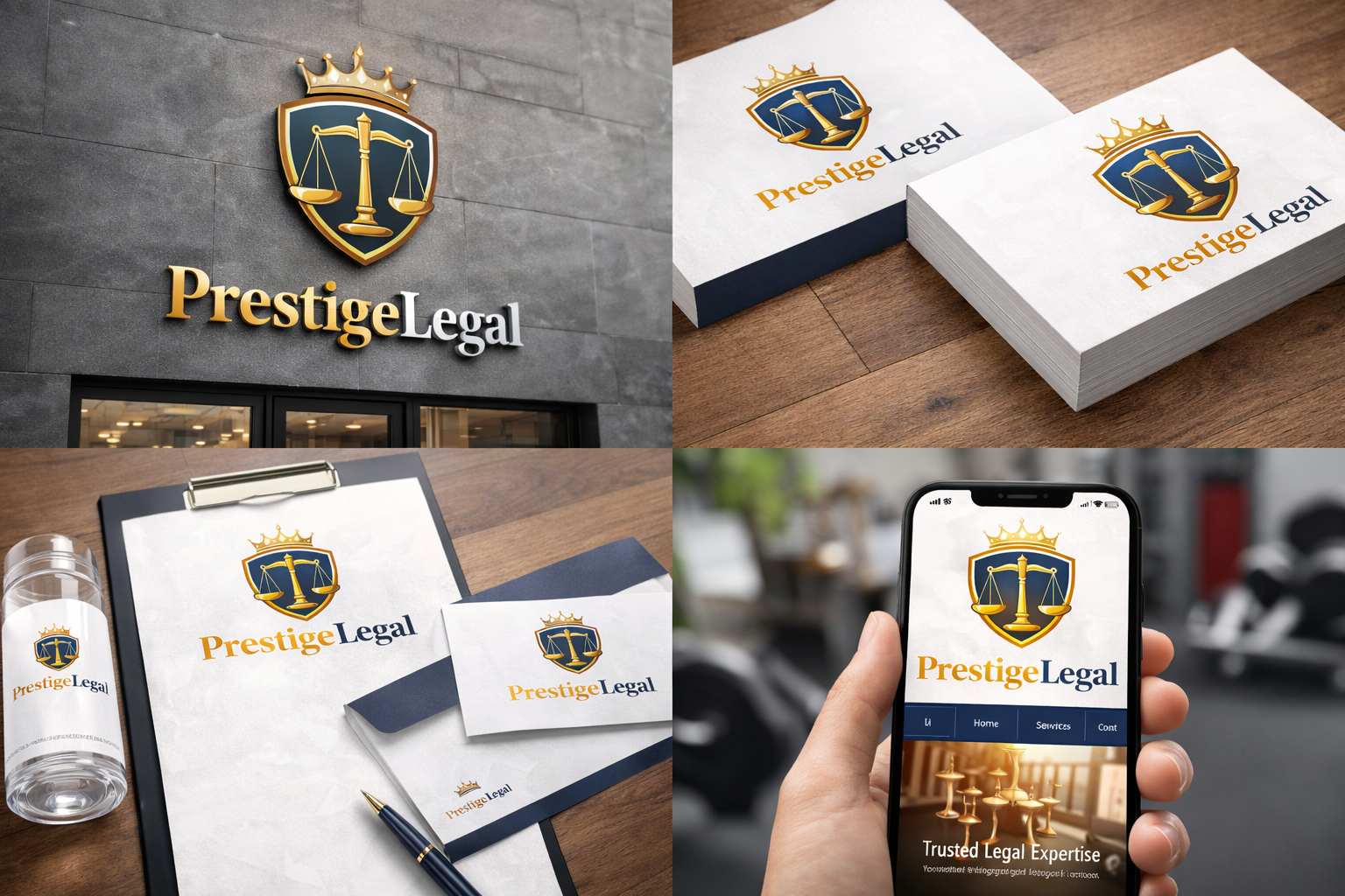 Mockup del logo Prestige Legal aplicado en papelería corporativa y fachada con diseño elegante para firma de abogados.