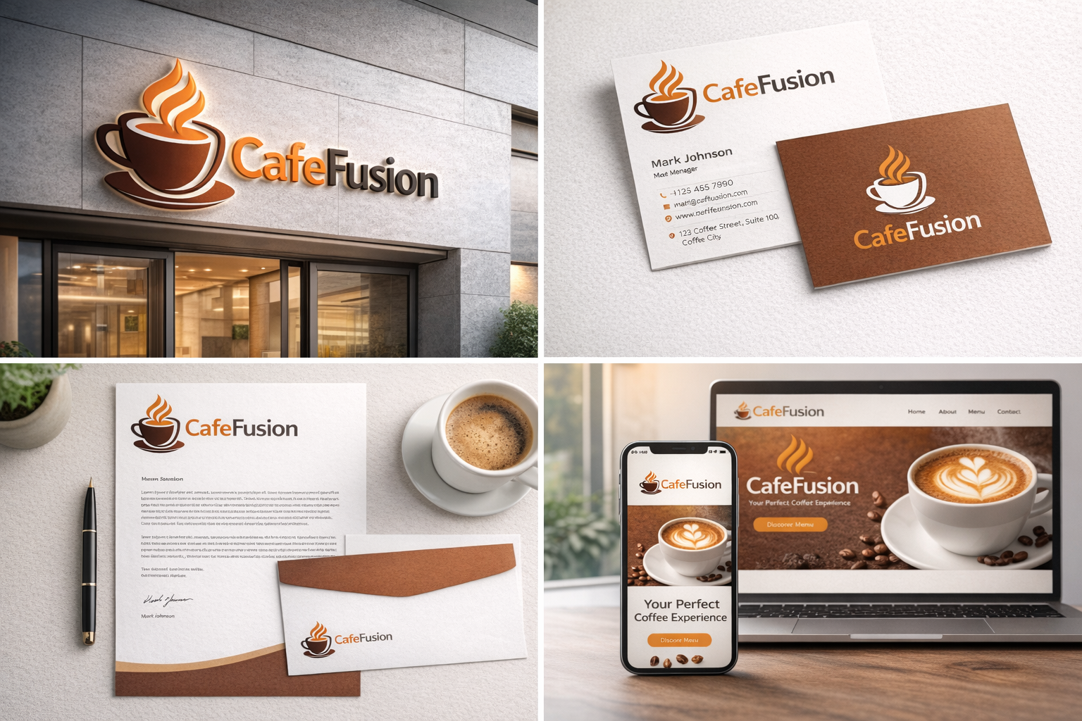 Mockup del logo Café Fusion aplicado en tazas, fachada y elementos de cafetería con diseño moderno y acogedor.