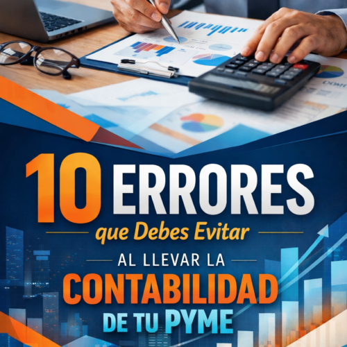 Portada de ebook 10 errores que debes evitar al llevar la contabilidad de tu pyme con diseño profesional de finanzas y gestión empresarial.