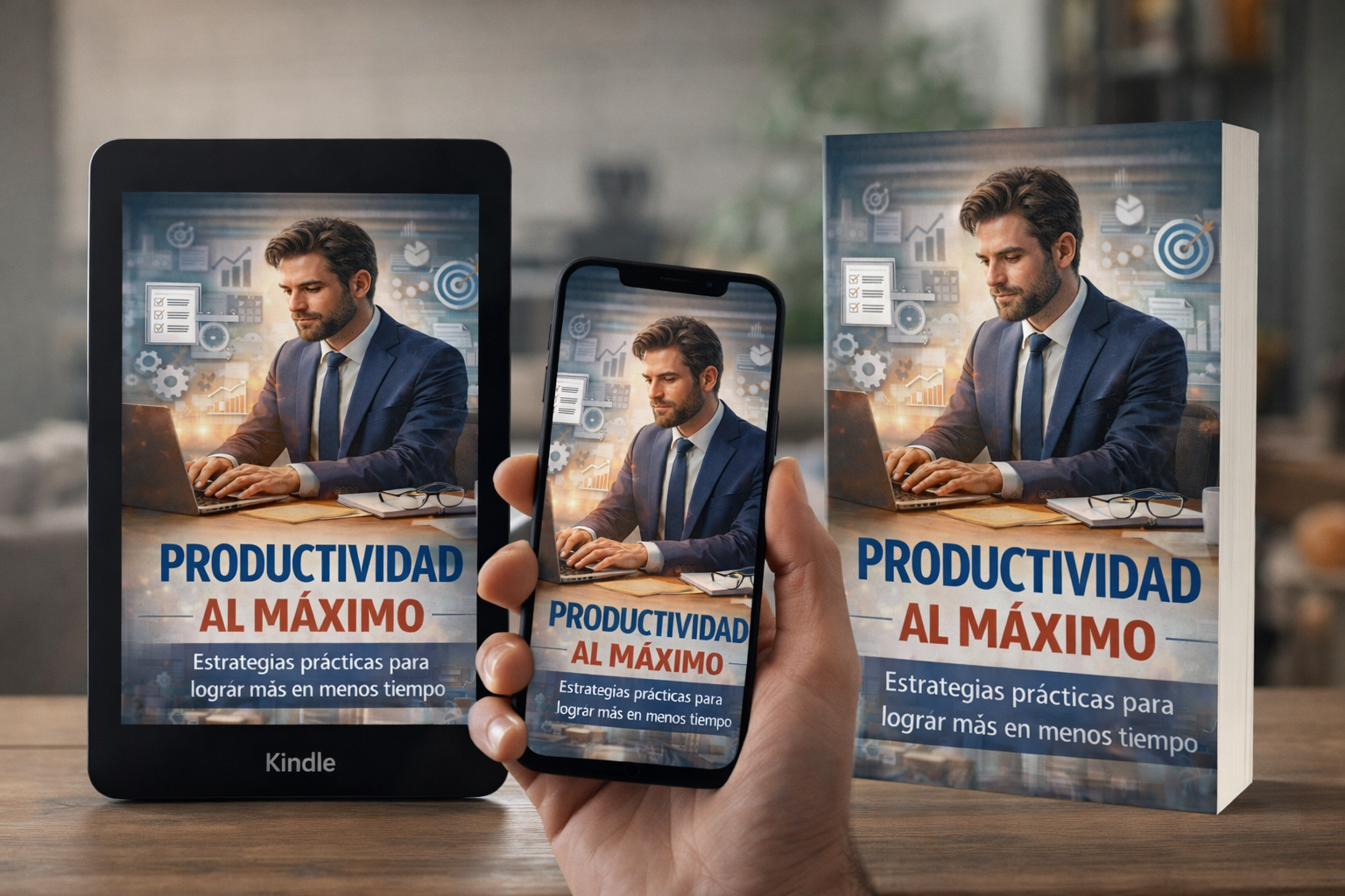 Mockup de ebook “Productividad al máximo” mostrado en tablet, smartphone y libro con diseño profesional de desarrollo personal y productividad.