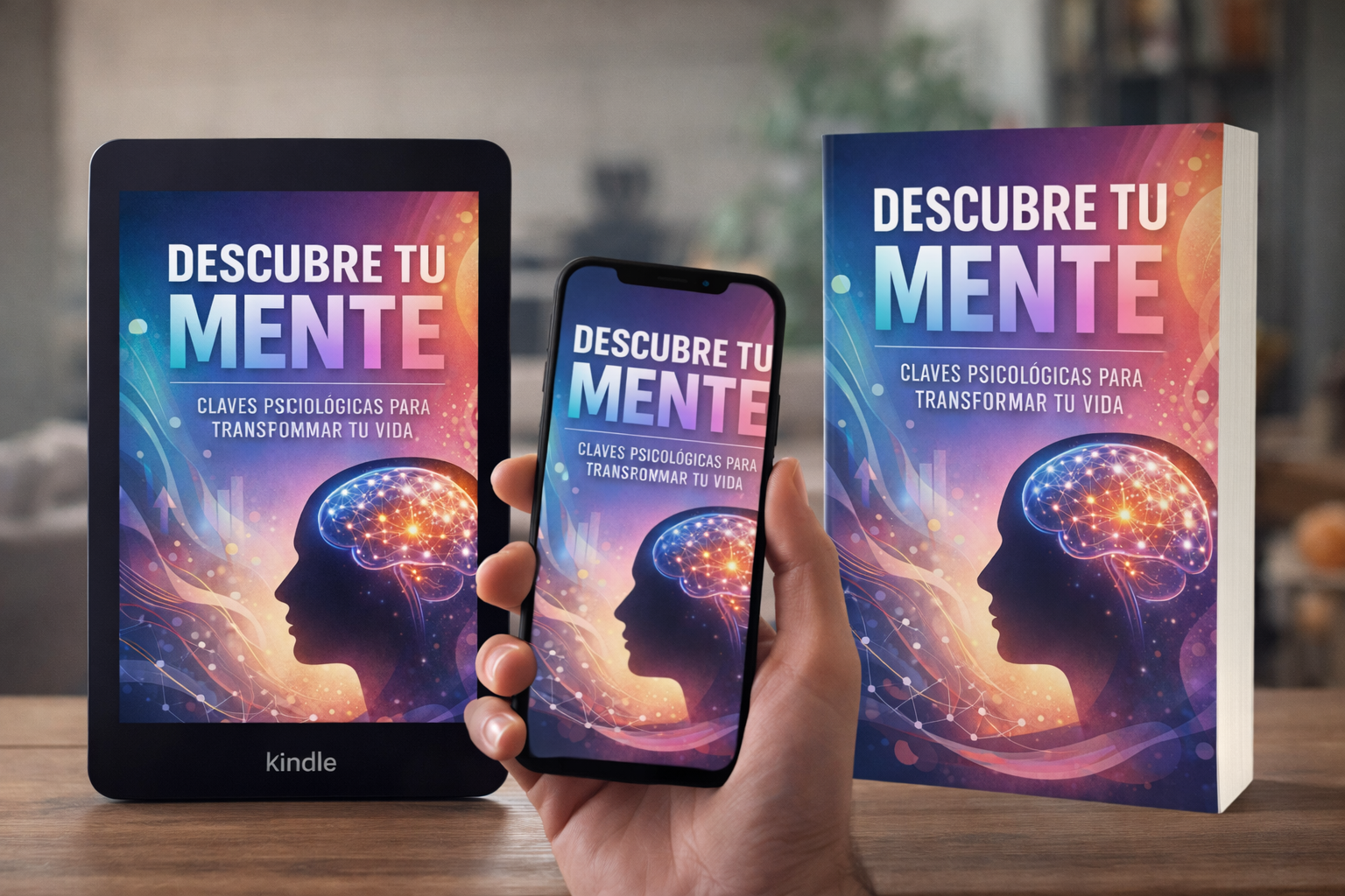 Mockup de ebook de psicología “Descubre tu mente” mostrado en tablet, smartphone y libro con diseño profesional para plataformas digitales.