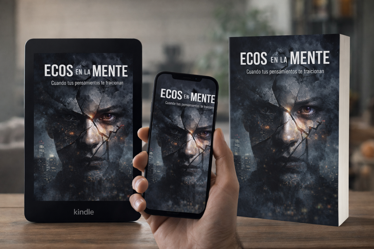 Mockup de ebook de thriller psicológico mostrado en dispositivo digital con diseño profesional para presentación en plataformas online.