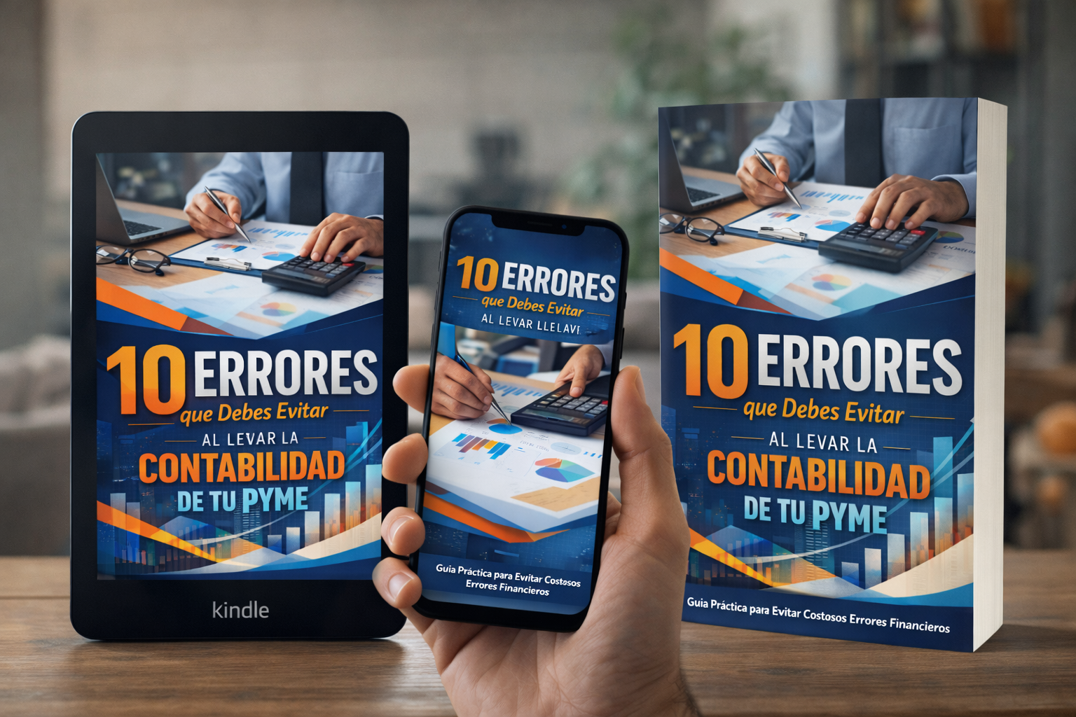 Mockup de portada de ebook con diseño profesional de finanzas, contabilidad y gestión empresarial aplicado en dispositivos digitales.