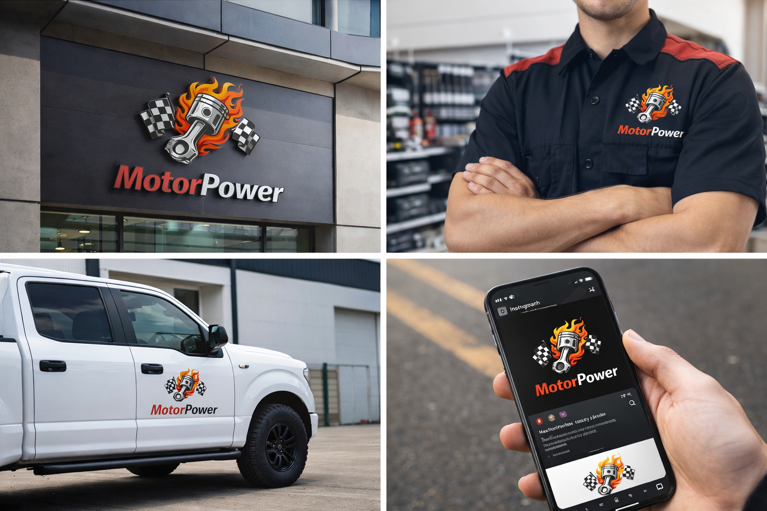 Mockup del logo Motor Power aplicado en vehículos y branding corporativo con diseño moderno para empresa automotriz y motores.