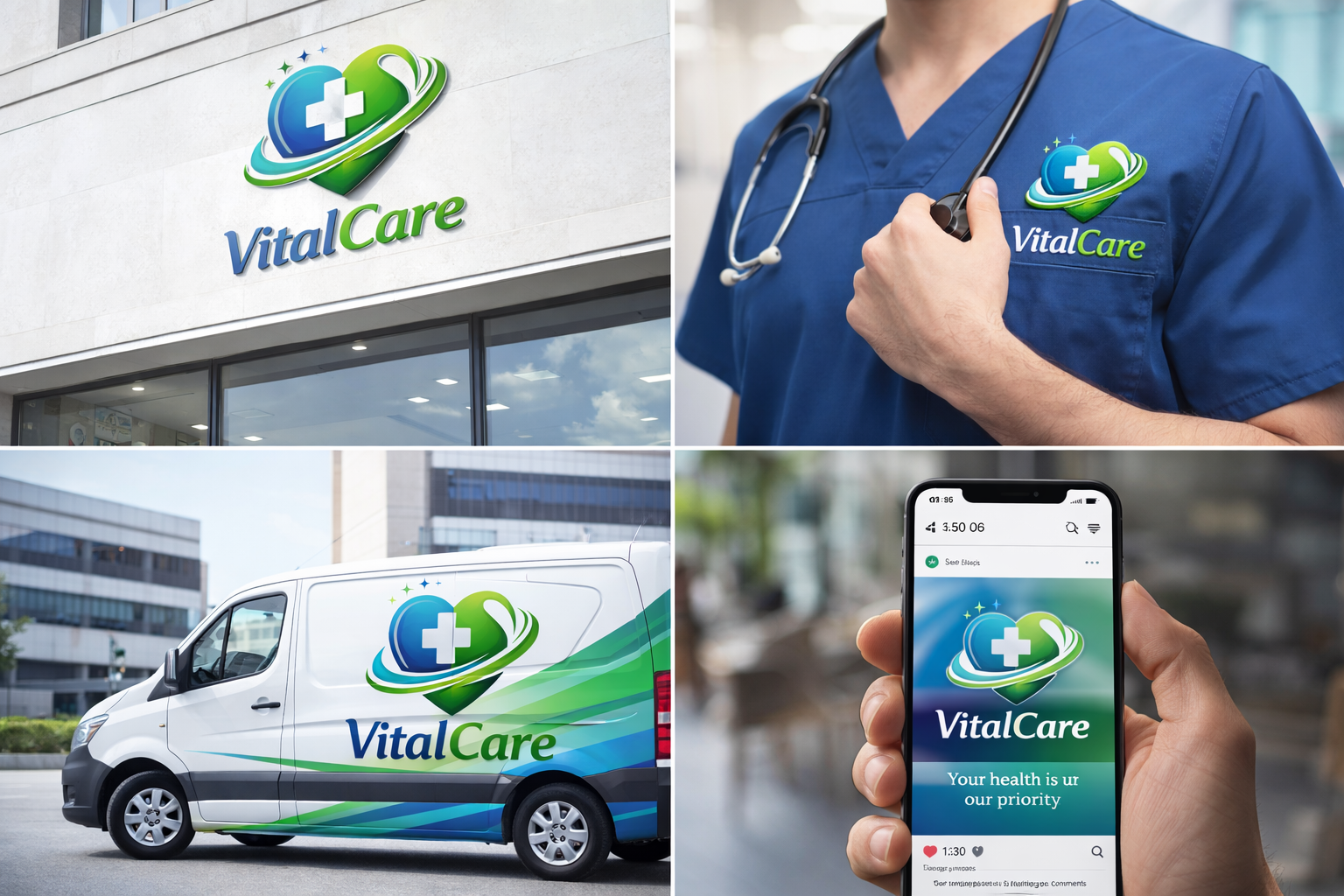 Mockup del logo VitalCare aplicado en fachada de hospital y papelería corporativa con diseño profesional de identidad visual para el sector salud.