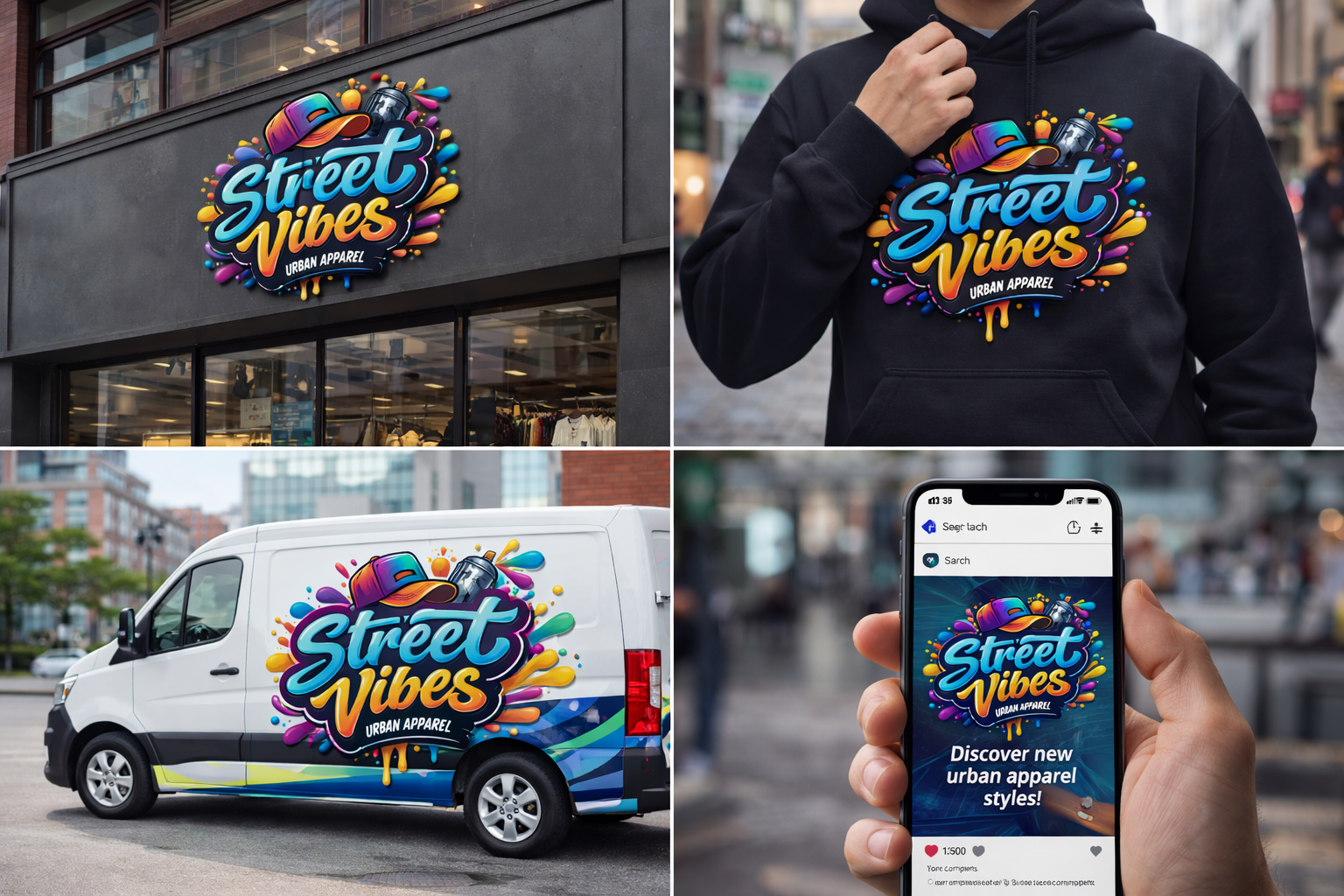 Mockup del logo Street Vibes aplicado en ropa urbana de estilo streetwear con diseño moderno de moda urbana.