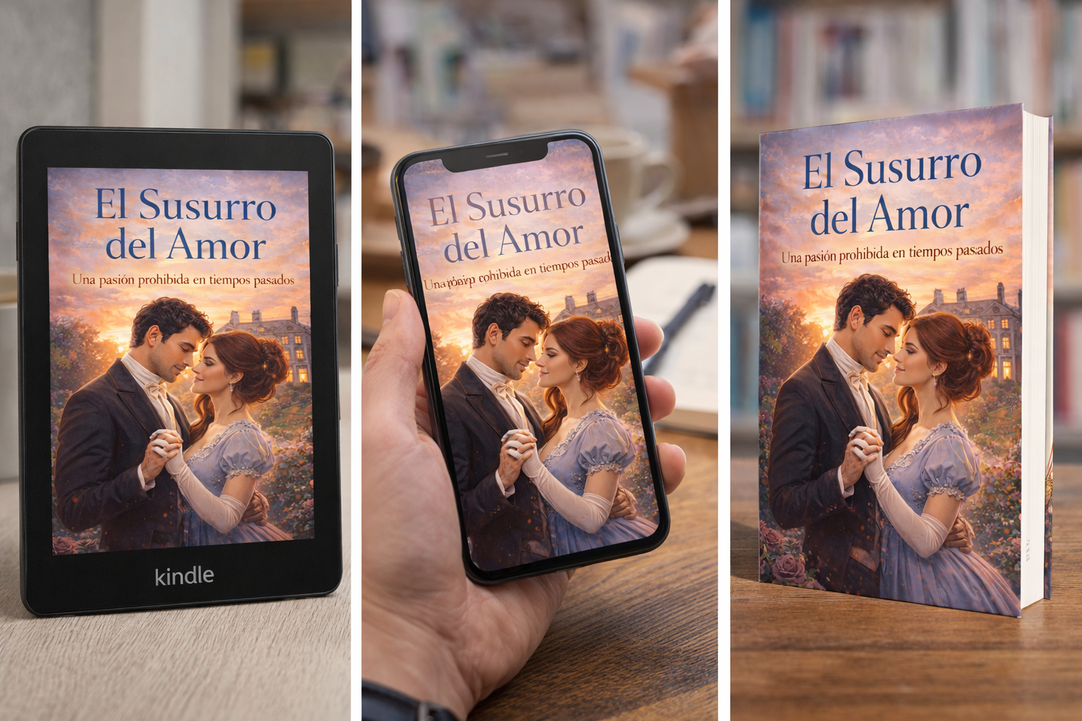 Mockup de portada ebook El susurro del amor con diseño profesional de romance histórico, estética romántica de época y estilo cinematográfico.