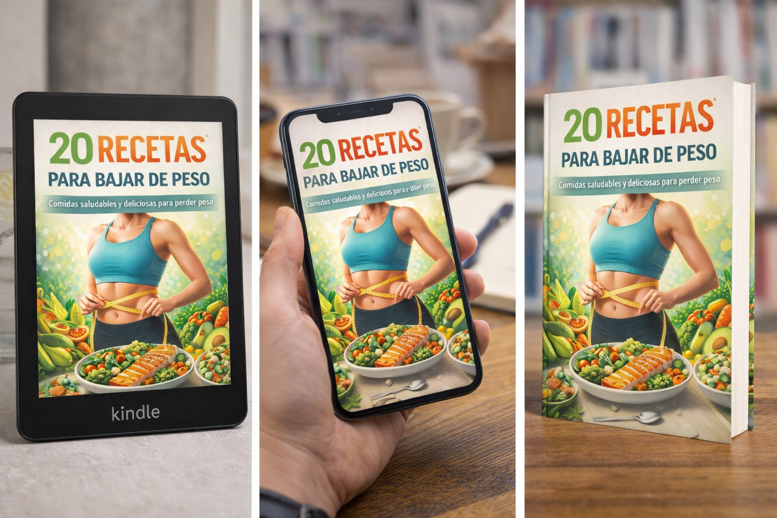 Mockup de portada de ebook 20 recetas para bajar de peso con diseño profesional de nutrición saludable y cocina fitness para formato digital.