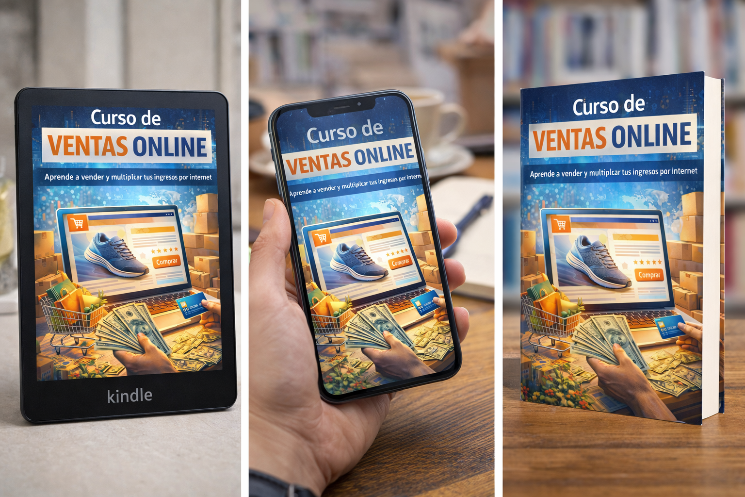Mockup de portada de ebook con diseño profesional enfocado en negocios digitales, marketing y emprendimiento aplicado en formato digital.