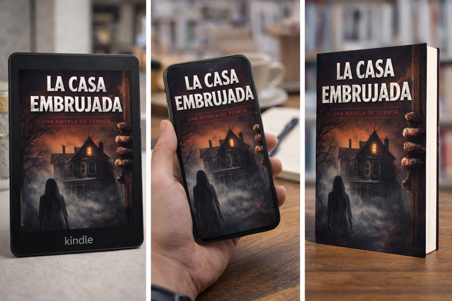 Mockup de portada de ebook La casa embrujada con diseño profesional de terror psicológico y ambiente oscuro aplicado en formato digital.