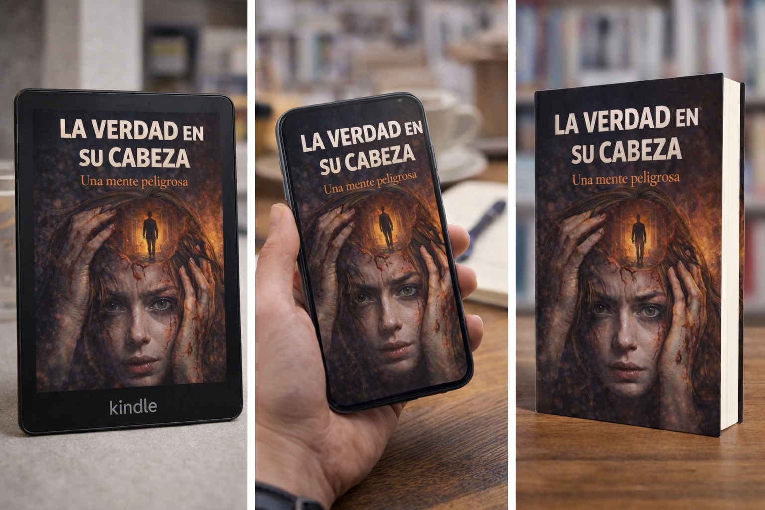 Mockup de portada de ebook Verdad en su cabeza con diseño profesional de thriller psicológico y suspense mental aplicado en formato digital.