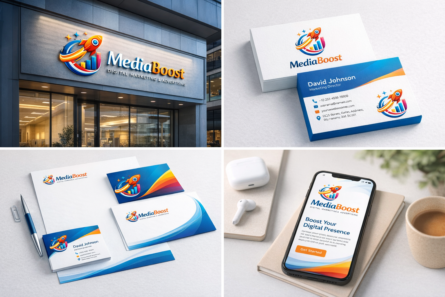 Mockup del logo Media Boost aplicado en formato digital con diseño de identidad visual para agencia de marketing digital y growth.