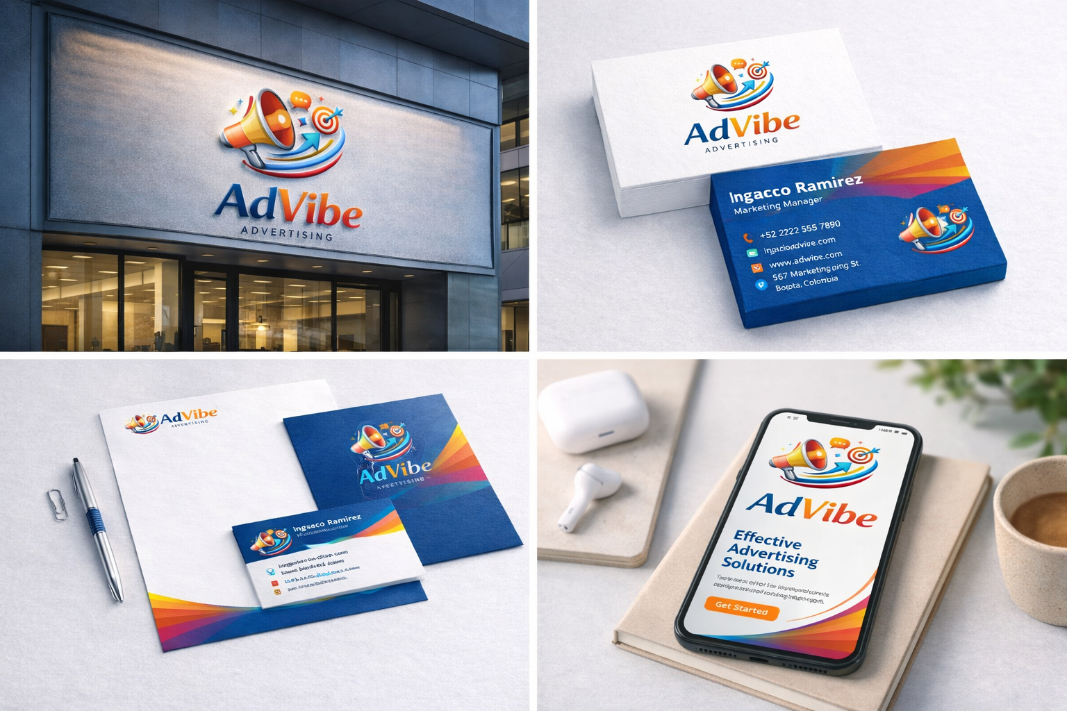 Mockup del logo AdVibe Advertising aplicado en formato digital con diseño de identidad visual para agencia de marketing y publicidad.