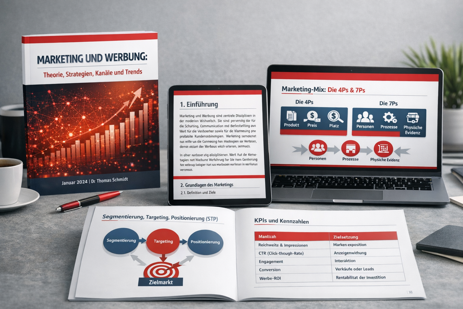 Mockup de traducción español alemán aplicado a contenido de marketing y publicidad con diseño profesional.