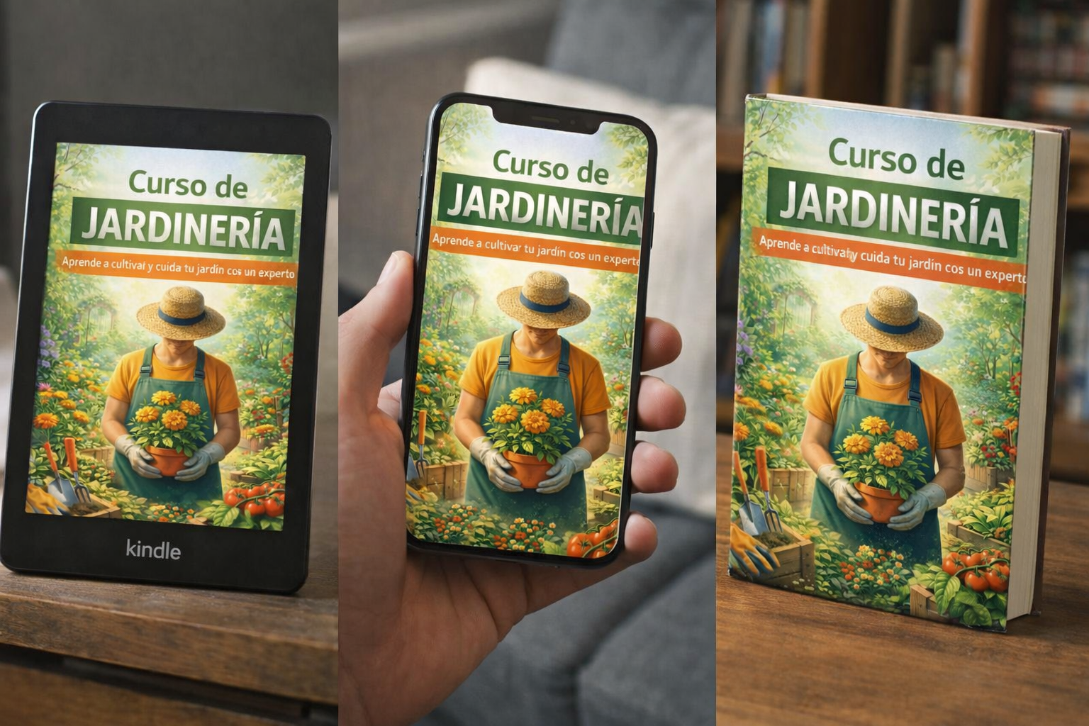 Mockup de ebook del curso de jardinería mostrado en dispositivo digital, con diseño profesional orientado al aprendizaje de cultivo y cuidado de plantas.