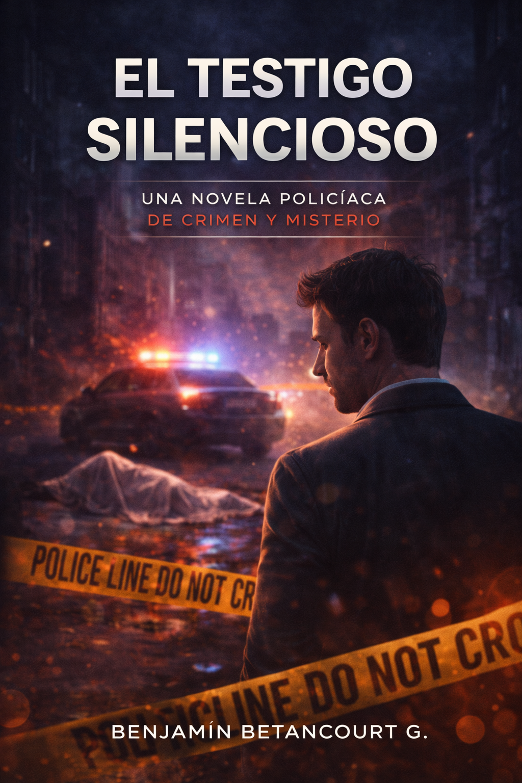 Portada de ebook El testigo silencioso con diseño profesional de crimen, misterio y suspense oscuro para publicación digital.