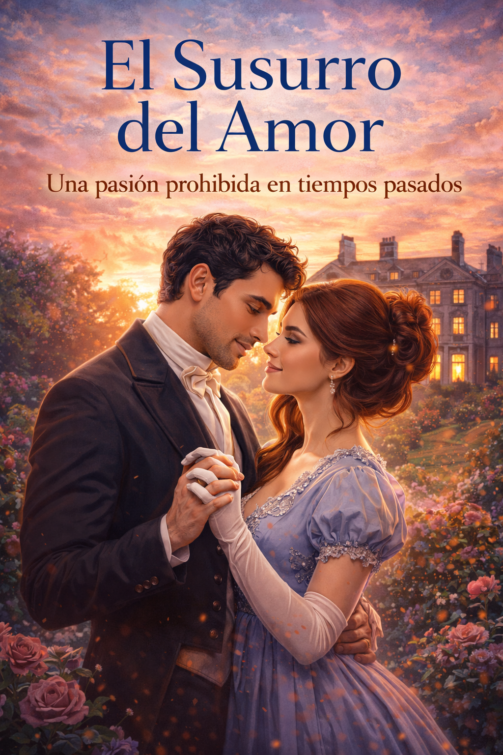 Portada de ebook El susurro del amor con diseño profesional de romance histórico, estética romántica de época y estilo elegante cinematográfico.