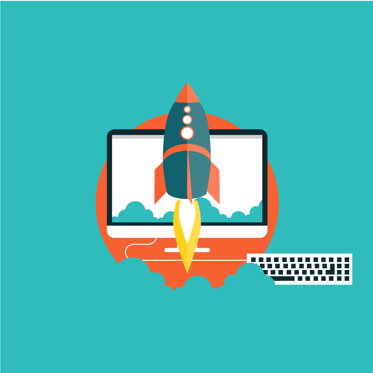 Icono de un cohete y un ordenador que representan la aceleración y optimización del rendimiento de una página web.