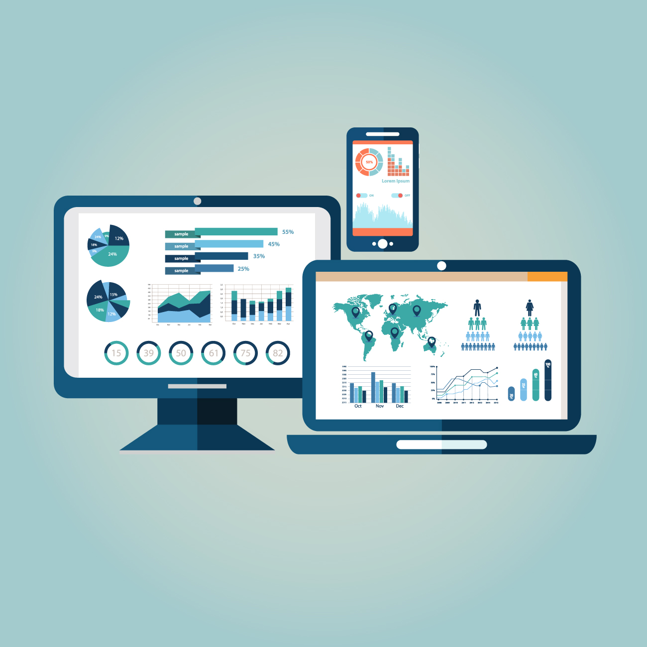 Interfaz moderna de análisis de datos visualizada en múltiples dispositivos como PC, monitor y smartphone