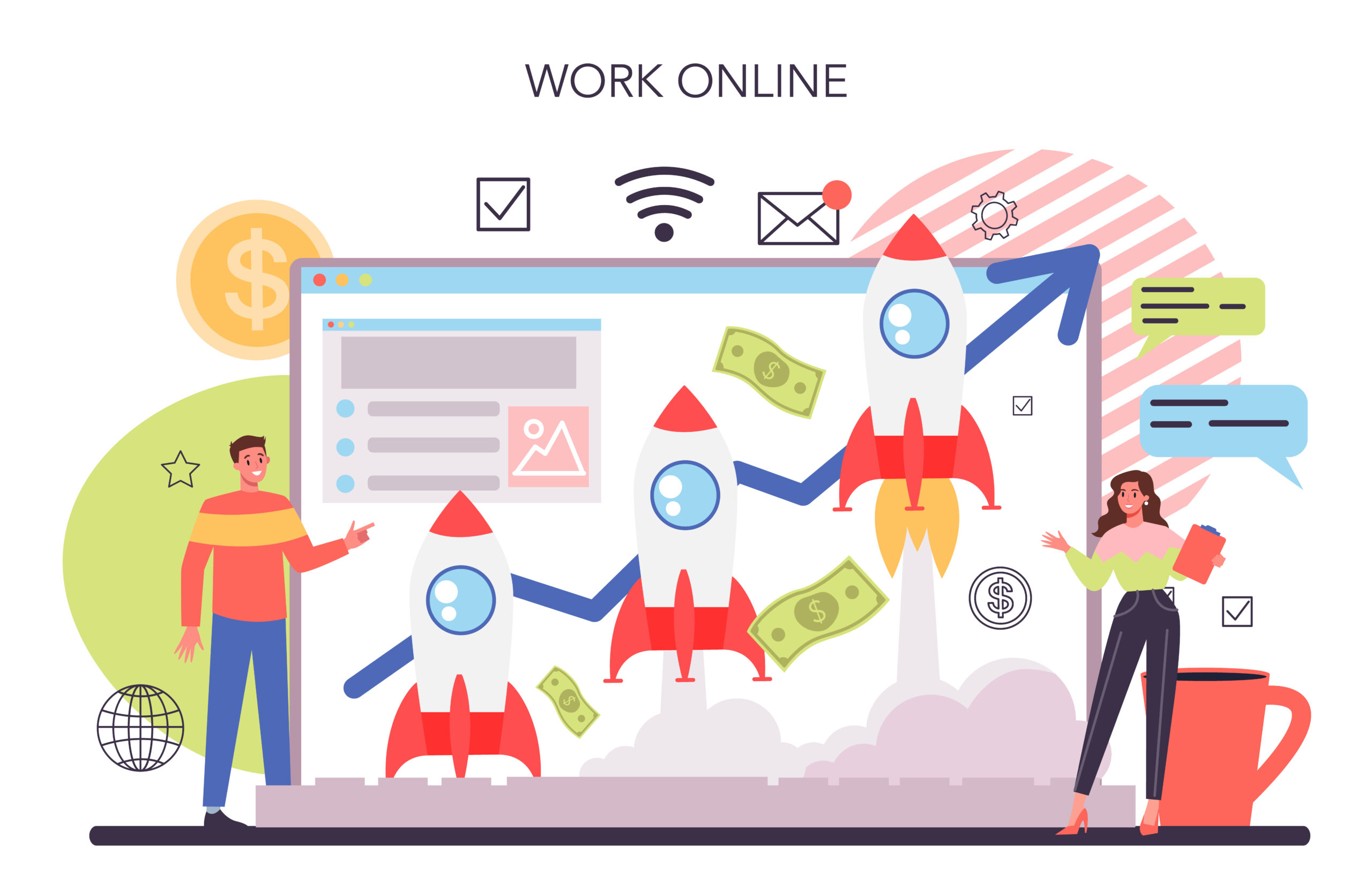 Ilustración de una persona, un ordenador y un cohete, representando una página web rápida y el crecimiento digital.