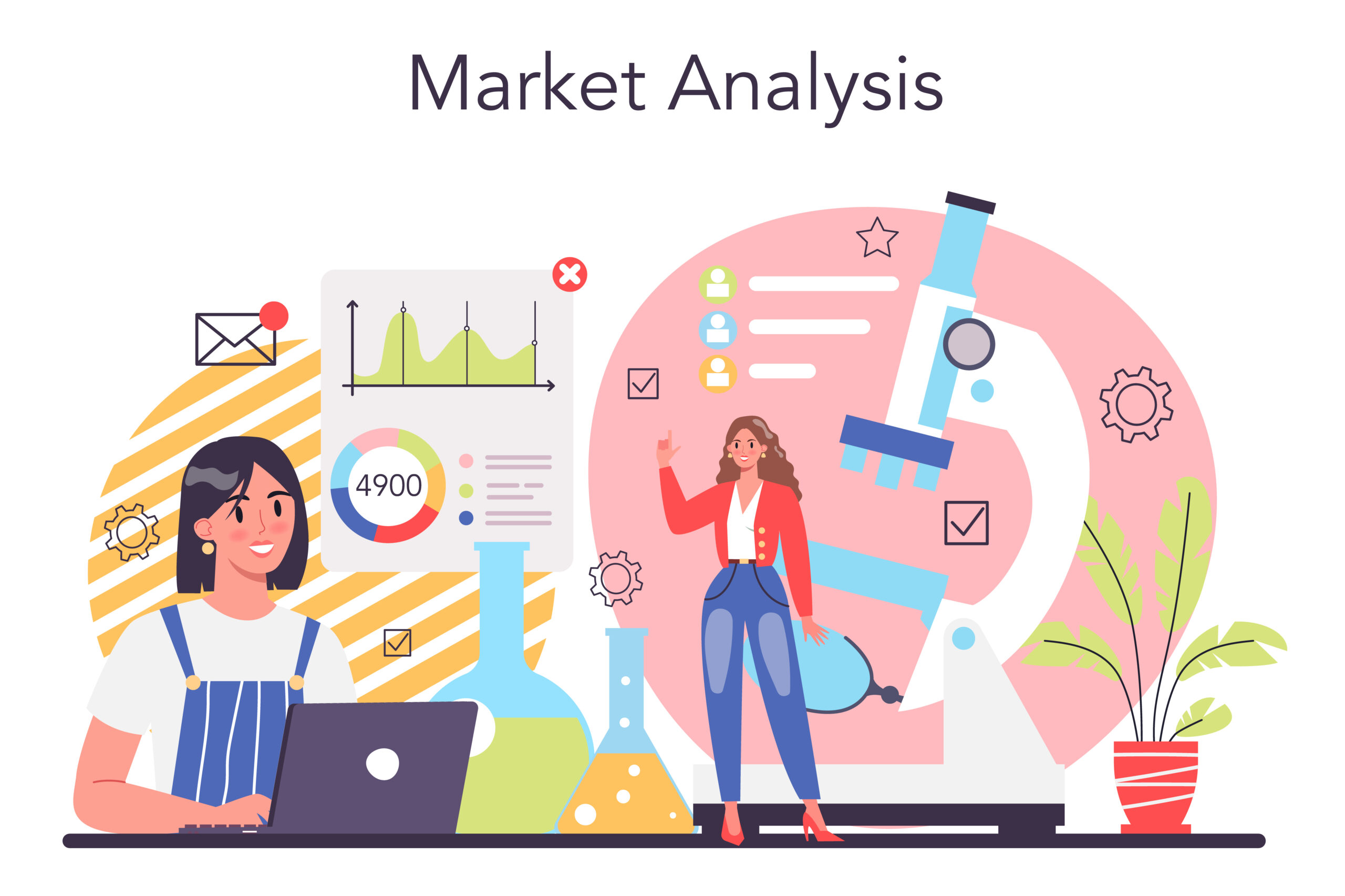 Ilustración de análisis de mercado y estrategia de marketing para entender tendencias y comportamiento del consumidor.