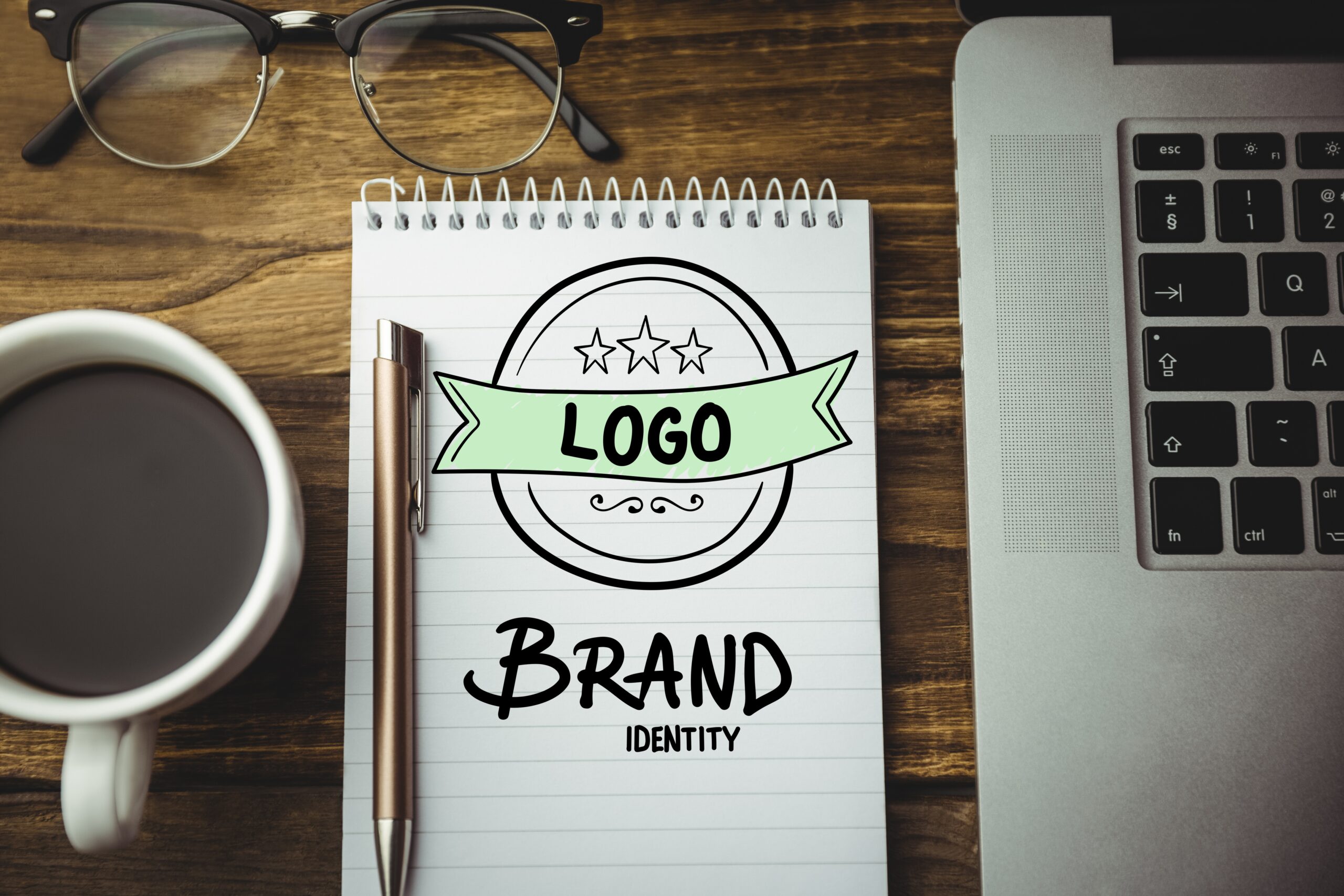 Escritorio de trabajo con portátil y herramientas de oficina que representan la actualización de un logotipo y una estrategia de branding.